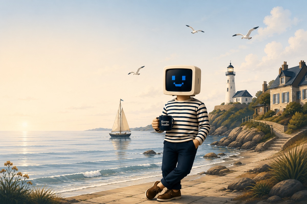 Mascotte Kerno Studio en marinière debout sur le bord de mer breton, avec un phare et un voilier en arrière-plan