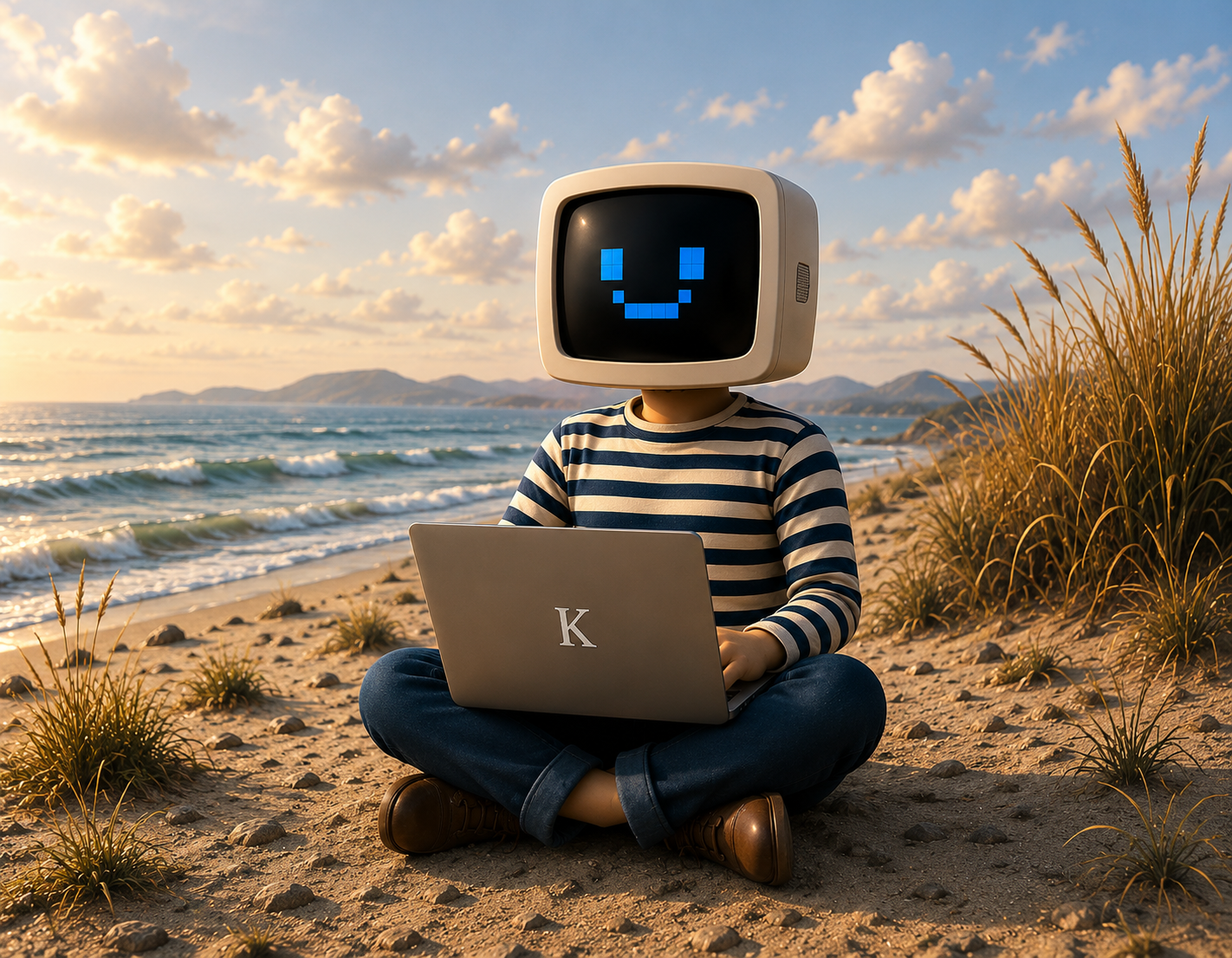 Mascotte Kerno Studio avec un ordinateur portable sur une plage bretonne