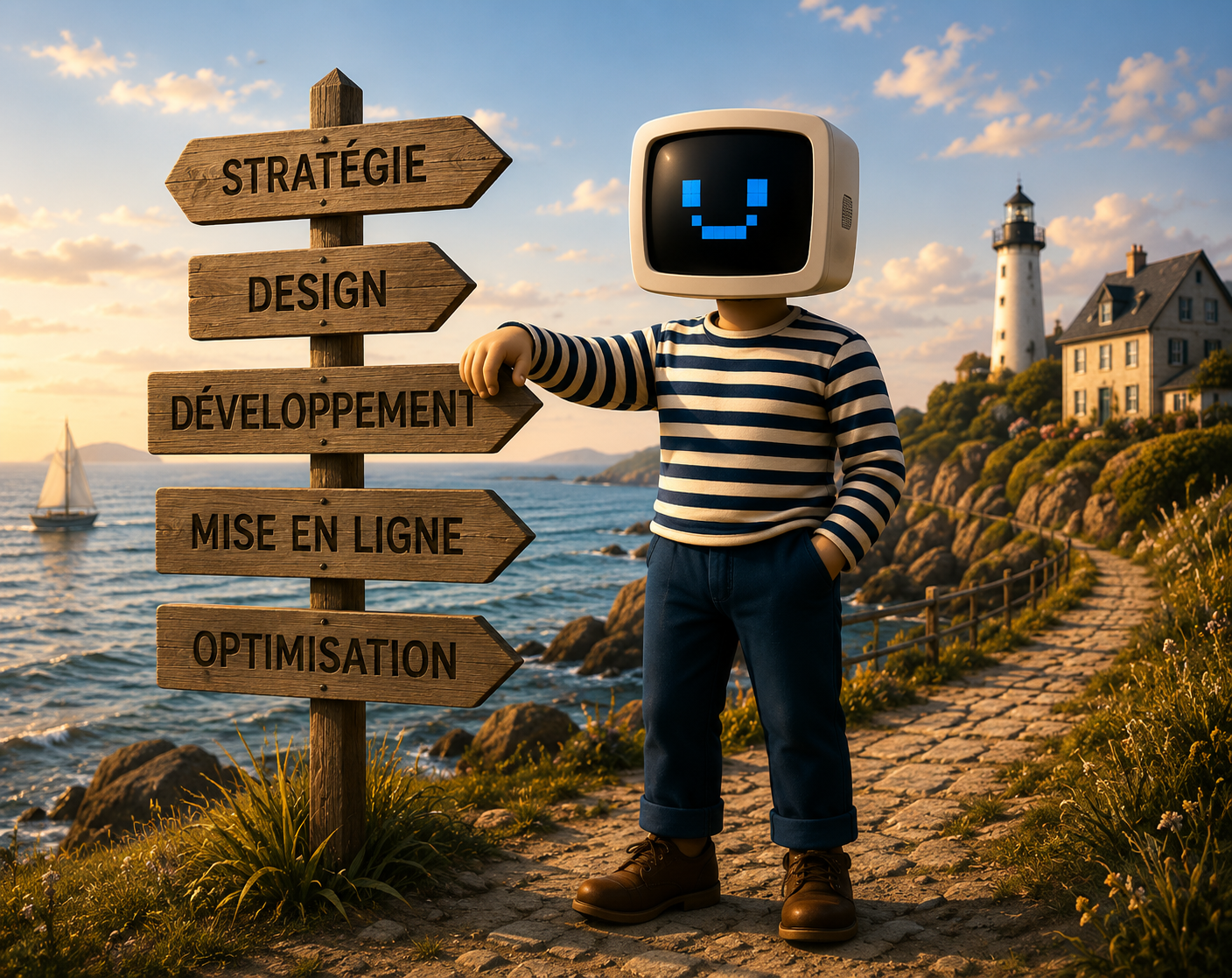 Mascotte Kerno Studio devant des panneaux indiquant les étapes : stratégie, design, développement, mise en ligne, optimisation