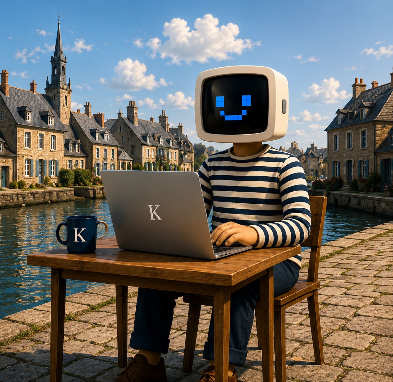 Mascotte Kerno Studio travaillant sur un ordinateur portable